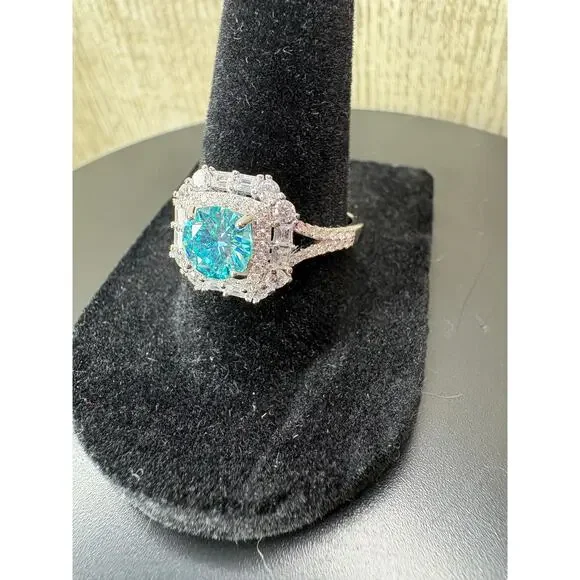 Stunning 2ct Aquamarine & White Moissanite Sterling Ring - Picture 6 of 9